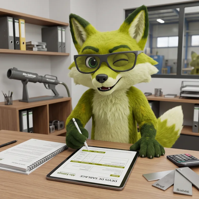 Mascotte Allo Sablage préparant votre devis