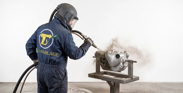 Technicien réalisant un décapage professionnel à Bormes-les-Mimosas dans le Var pour Allo Sablage