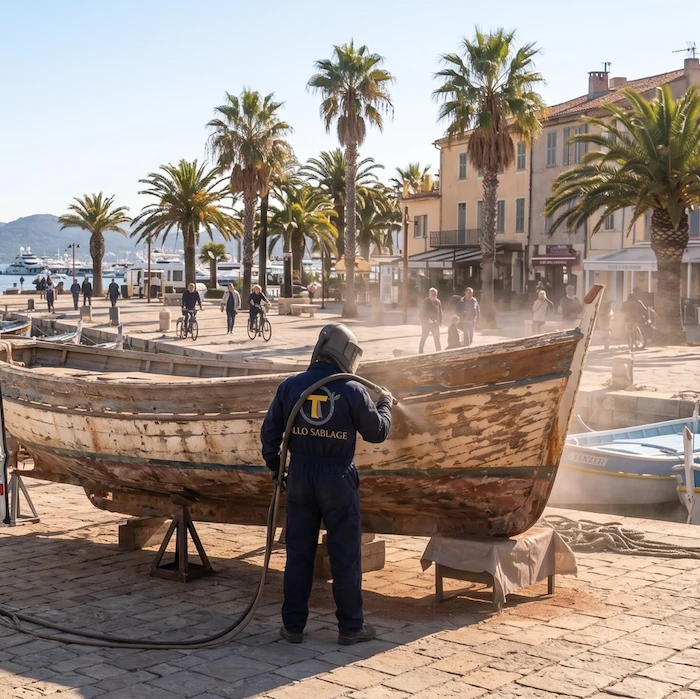 Technicien d'Allo Sablage réalisant le décapage d'une coque de bateau à Hyères