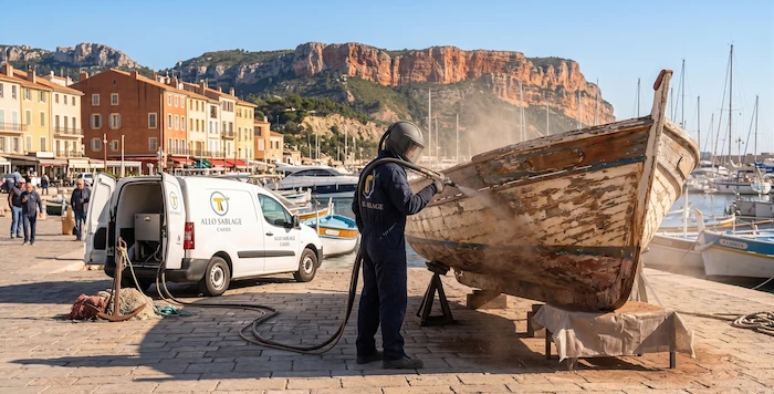 Technicien réalisant un décapage de surfaces sur un bateau à Cassis pour Allo Sablage